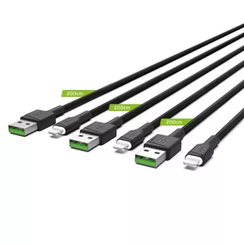Conjunto de 3 cabos Green Cell GC Ray Lightning 200 cm com iluminação LED branca, carregamento rápido Apple 2.4A