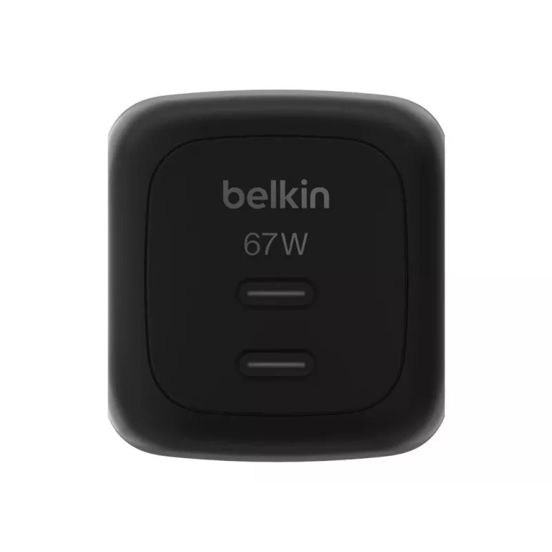 Carregador rápido AC de interior Belkin WCH020kqBK, 2× USB-C, compatibilidade universal, proteção de corrente, preto