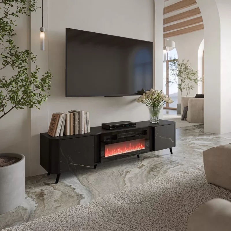 Móvel de TV Cama Meble Volare 200 x 39 x 49 cm, preto/san sebastian com lareira
