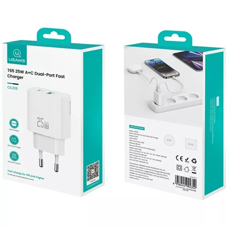 Carregador usams USA001630 25W, 1× USB-A + 1× USB-A, carregamento rápido
