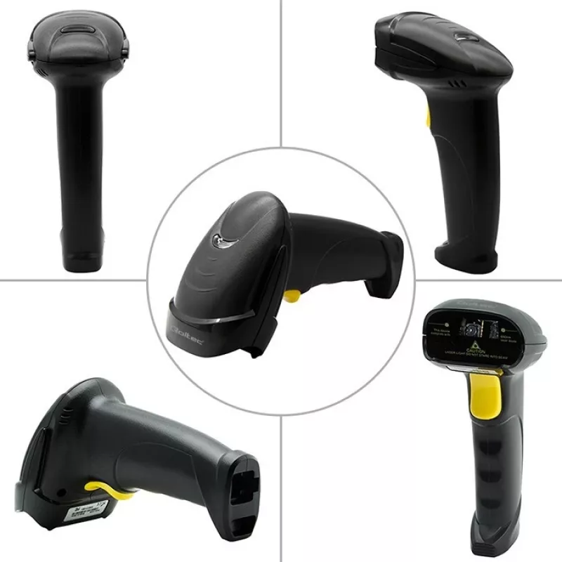 Qoltec 50853 leitor laser de códigos de barras portátil 1D/2D, USB com fio, cabo de 1,65 m, 97x65x167 mm, 105 g, preto