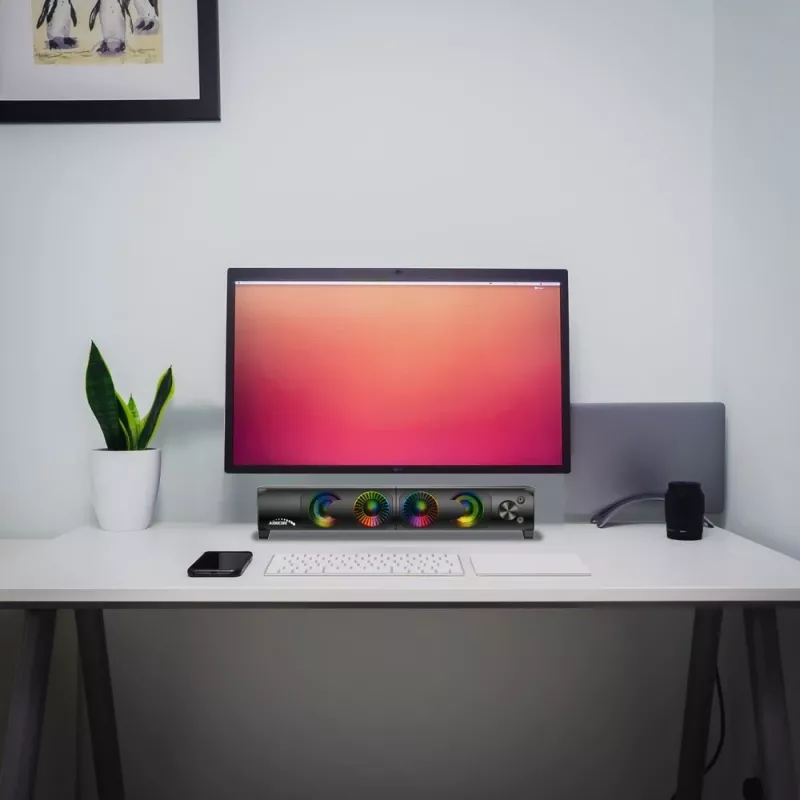 Coluna de PC 2 em 1 Barra de som para computador com retroiluminação LED RGB, estéreo, gaming, USB 2 x 3W AUX 3,5 mm