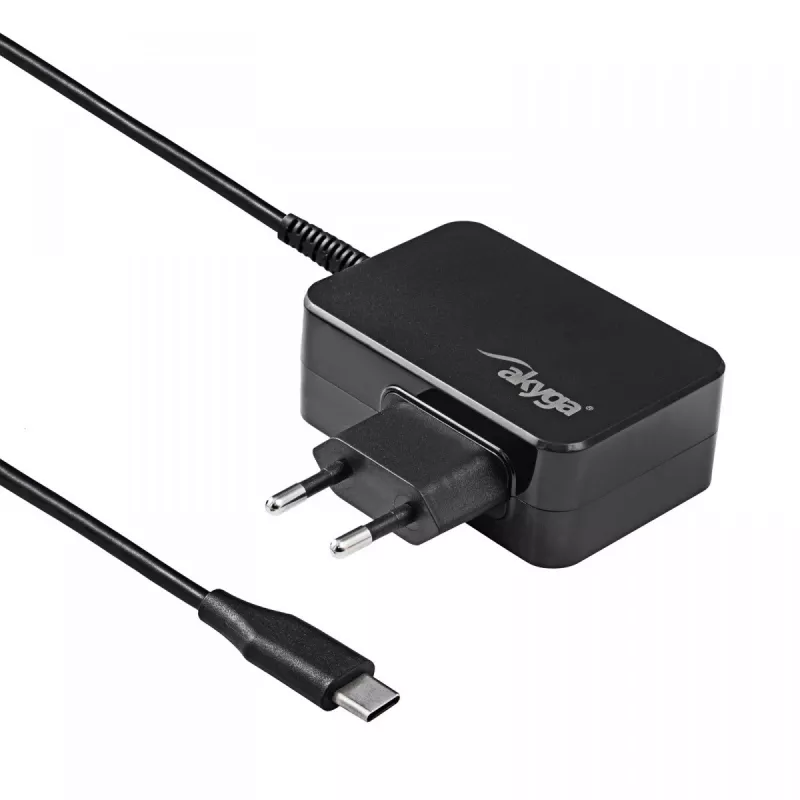Fonte de alimentação para portátil Akyga AK-ND-80 USB-C GaN 45 W, PD 3.0, 5–20 V, cabo de 1,8 m, preto