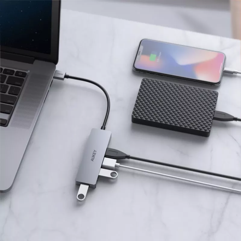 Hub USB Aukey CB-H36 — 4 portas USB 3.2 Gen 1 Type-A, host USB 2.0, 5000 Mbit/s, alumínio prateado
