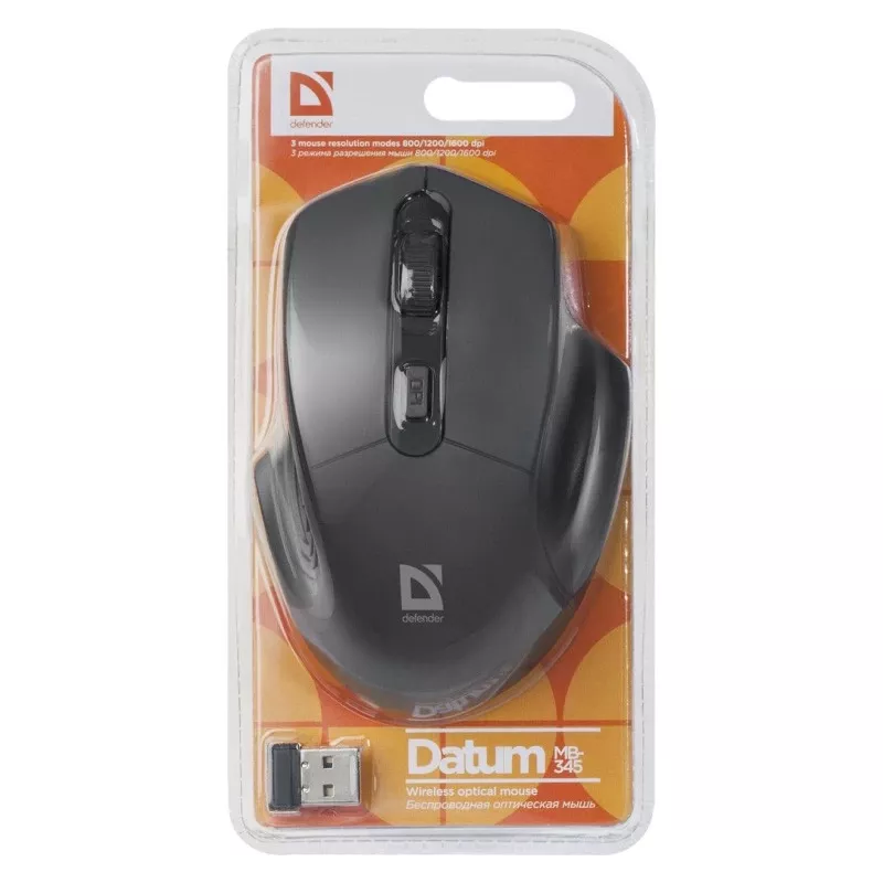 Rato ótico sem fios DEFENDER Datum MB-345 RF, ambidestro/destro, 1600 DPI, 3 botões, recetor USB RF, preto