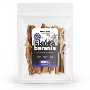Petisco para cães UNISZKI pele de ovelha 100 g — mastigável de borrego hipoalergénico, saco de 100 g, proteína 50,79 %, gordura 36,37 %