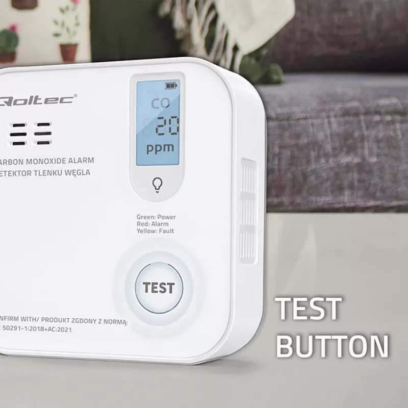 Sensor de monóxido de carbono QOLTEC 52577 — alarme a pilhas, nível sonoro 85 dB
