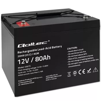 Bateria AGM Qoltec | 12V | 80Ah | 23,5kg | sem manutenção | potente | LongLife | para UPS, autocaravana, barco, forno