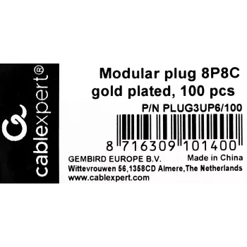 Ficha RJ45 GEMBIRD PLUG3UP6/100, Cat5, ficha reta, transparente, contactos dourados, pack de 100