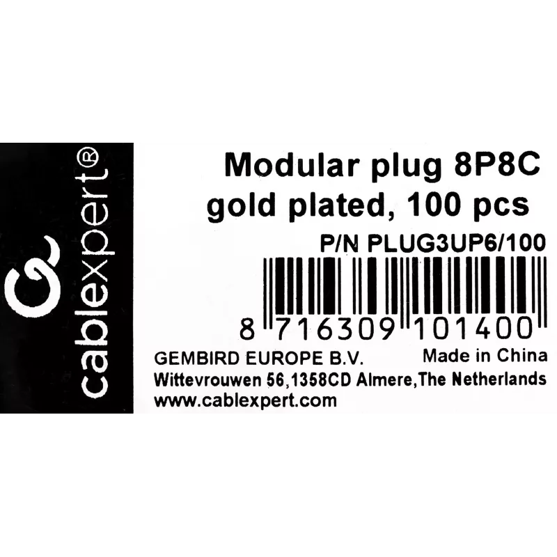 Ficha RJ45 GEMBIRD PLUG3UP6/100, Cat5, ficha reta, transparente, contactos dourados, pack de 100