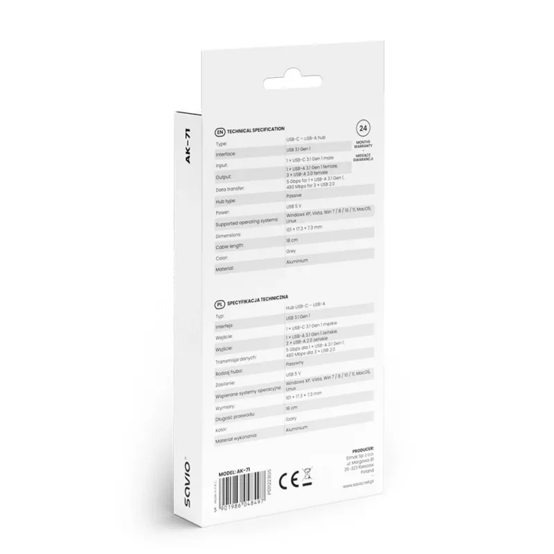 Hub de interface USB 3.0 4 portas SAVIO AK-71 com host USB-C, 5000 Mbit/s, garantia 2 anos