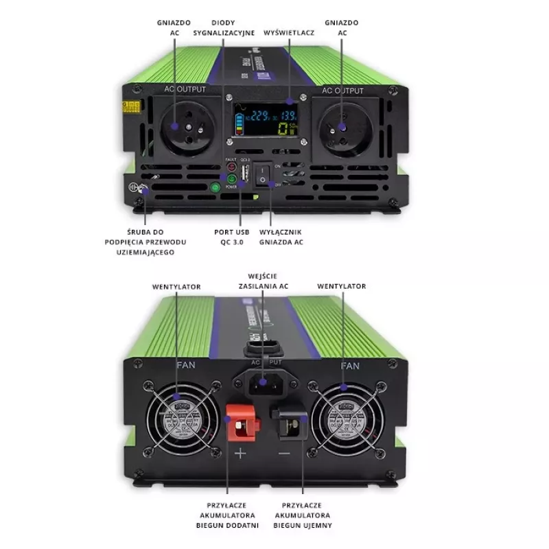 Adaptador/inversor de alimentação para automóvel Qoltec Monolith 5000 W verde
