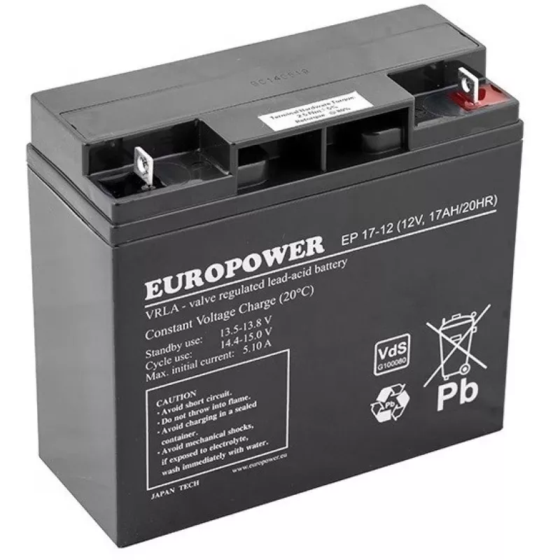 Bateria de chumbo-ácido AGM selada europower EP Series 12V 17Ah – vida útil 6–9 anos