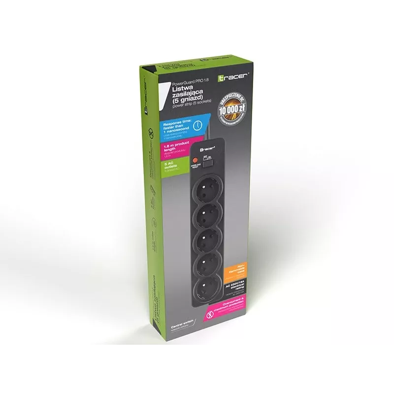 Tracer PowerGuard PRO preto 5 tomadas AC 1,6 m 3680 W