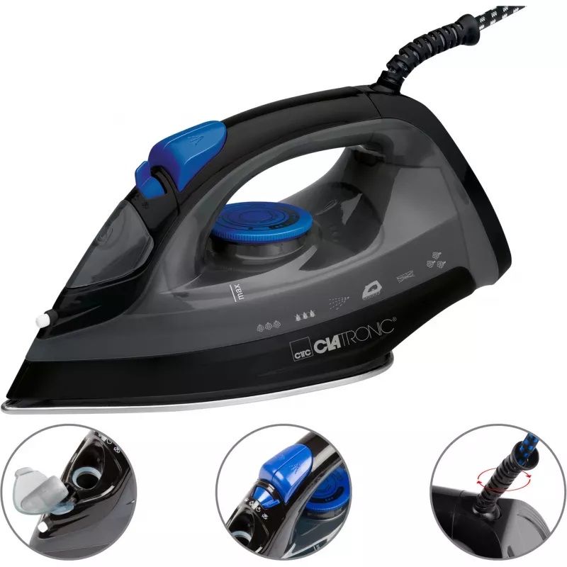 Ferro CLATRONIC DB 3703 — Ferro a seco e a vapor, base em aço inoxidável, 1800 W, preto/cinzento