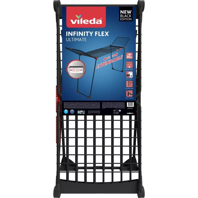 Estendal VILEDA Infinity Flex Ultimate Telescópico — preto, alumínio revestido, 30 m de área de secagem, dobrável, rodas