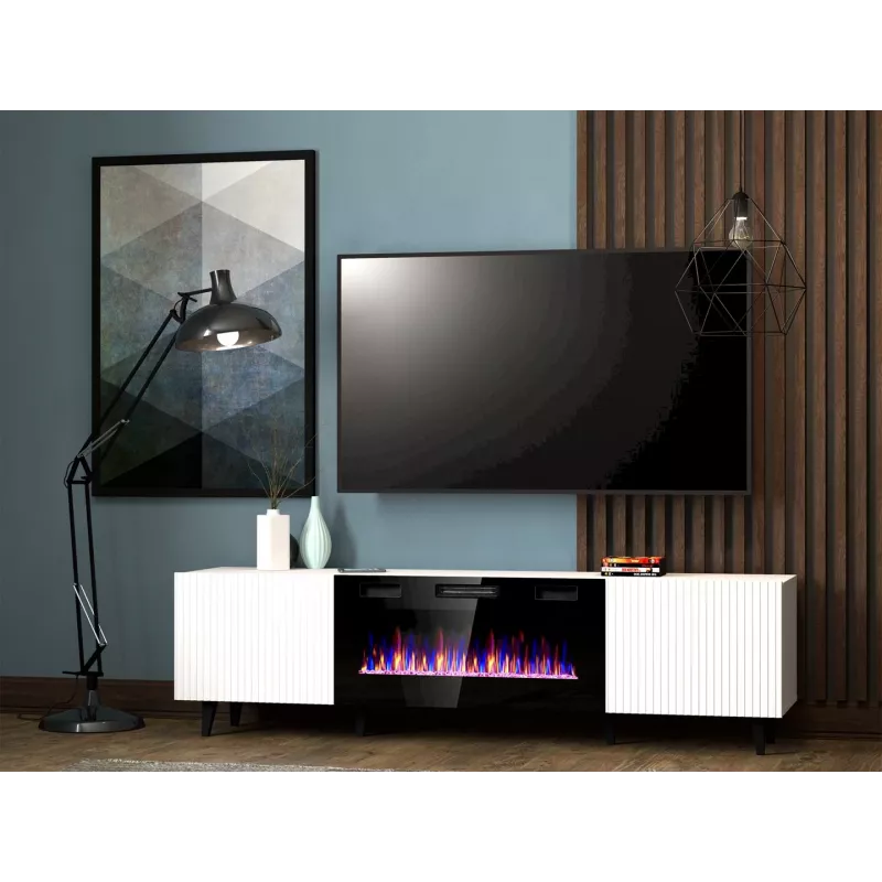 Móvel de TV Cama Meble PAFOS EF com lareira elétrica 180×42×49 cm, branco mate