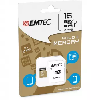 EMTEC Gold+ - Cartão de memória (adaptador SD incluído) - 16 GB - Classe 10 - microSD - Dourado (ECMSDM16GHC10GP)