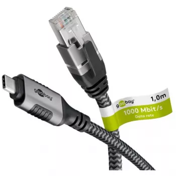 Wentronic goobay - Cabo de rede - 24 Pin USB-C (M) para RJ-45 (M) - 1,0 m - 6 mm - FTP - CAT 6 - USB 3.1 - cabo entrançado - preto, prateado (70696)