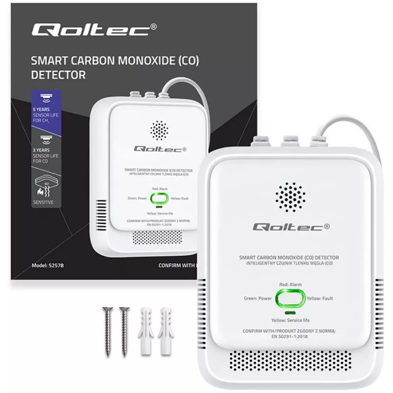 Detetor de CO QOLTEC 52576 – sensor de monóxido de carbono, alarme de 85 dB