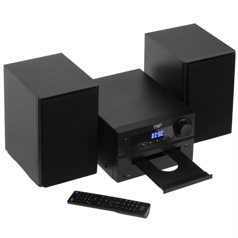 Mini sistema de alta fidelidade estéreo Adler AD 1917 — Bluetooth V5.3, CD/USB/MP3, 2×25 W RMS, sintonizador FM, equalizador de 4 bandas, AUX, preto