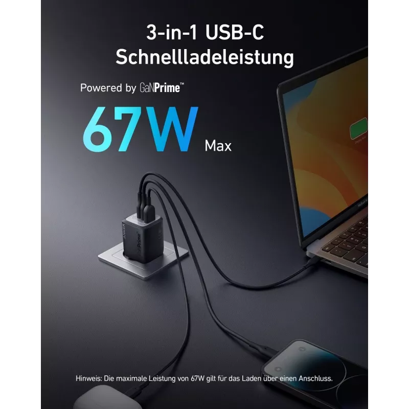 Carregador rápido USB de interior Anker Prime A2669313 – 67 W, 1×USB-A, 2×USB-C, preto