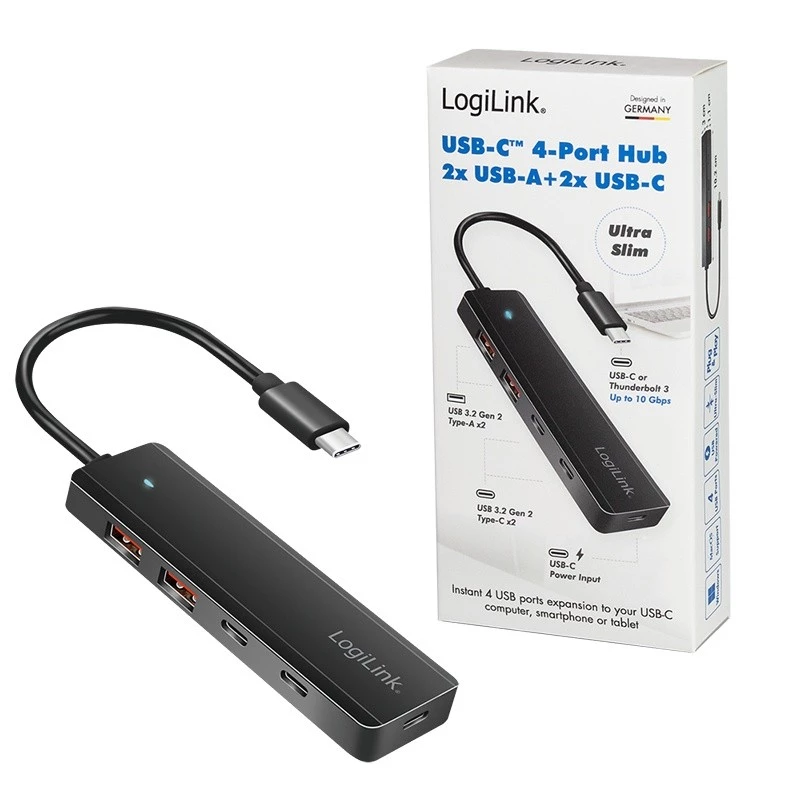 Hub USB-C, 4 portas 2x USB-A, 2x USB-C, preto
