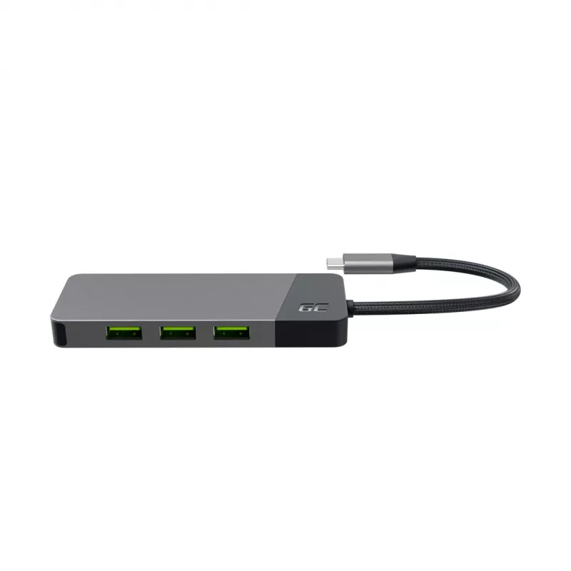 Hub USB Type-C Green Cell HUBGC01 — 7 portas: 3×USB‑A 3.2 Gen 1, 1×USB‑C 3.2 Gen 1, HDMI, leitor de cartões microSD+SD — Prateado