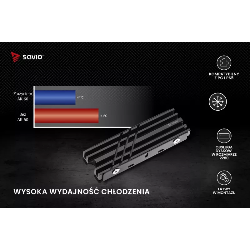 SAVIO AK-60 dissipador para unidades M.2 NVMe 2280, preto