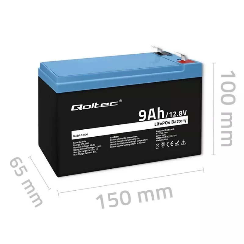 Bateria LiFePO4 Fosfato de ferro-lítio 12,8V 9Ah 115,2Wh