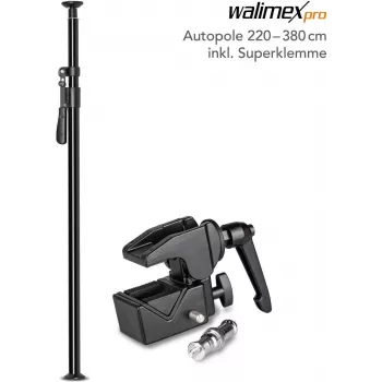 Tripé de luz/vara telescópica walimex Autopole 220–380 cm com Super Clamp
