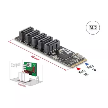 Adaptador SATA interno DELOCK 64241 M.2 (Key B+M) para 5x SATA com JMicron JMB585, indicadores LED, para PC