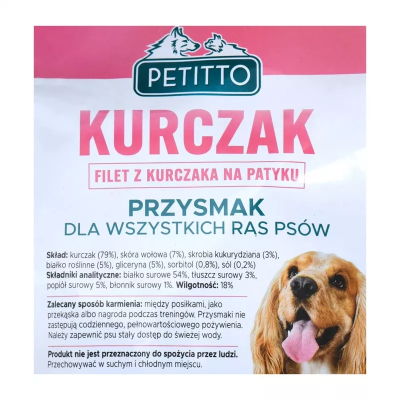 Petiscos para cães PETITTO Filete de frango no stick 500 g — snack dietético de aves, embalagem de plástico 500 g