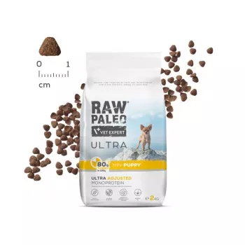 Comida seca VETEXPERT RAW PALEO Ultra Mini Puppy peru 2 kg — comida seca, monoproteica, 30 % de proteína, 14 % de gordura, para cachorros de raças pequenas 2–4,9 kg