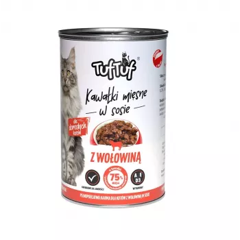 Alimento húmido para gatos TufTuf pedaços de carne em molho com vaca 415 g — alimento completo para gatos adultos, 81,5 % de humidade