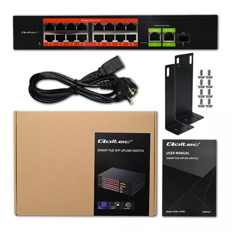 Switch Ethernet PoE QOLTEC 16x RJ45, 2x RJ45 uplink, 1x SFP (MPN 52291)