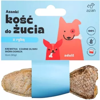 AZANKI Osso com camarão e azeitonas pretas em pele de bacalhau em forma de peixe – Snack para cães – 12 cm