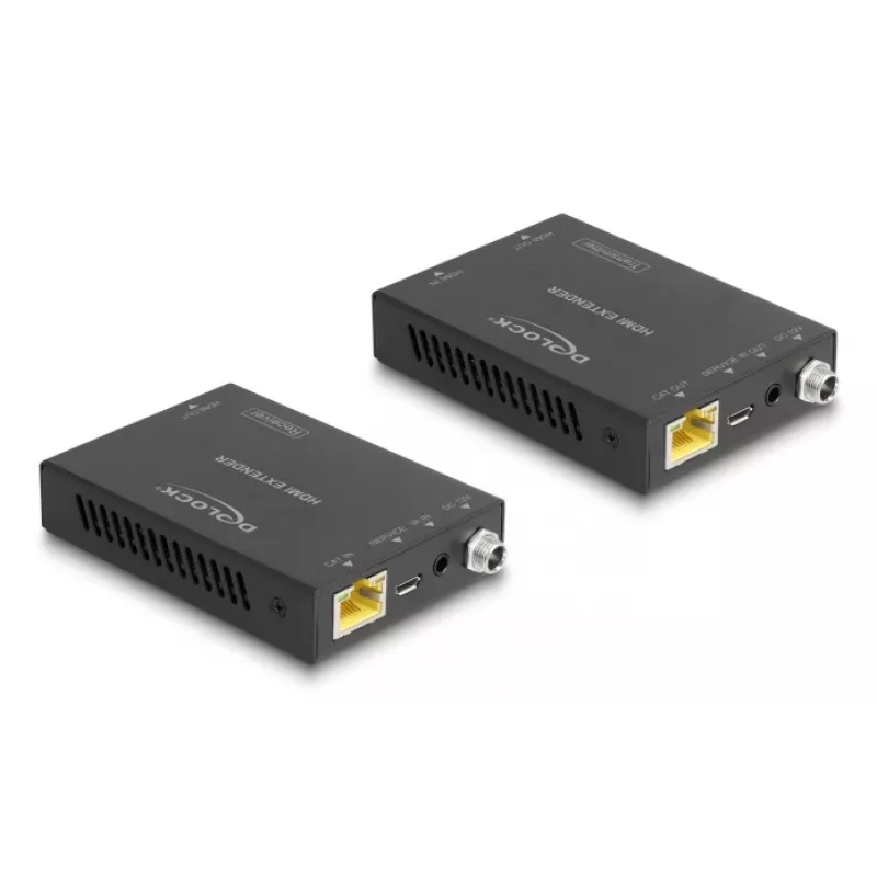 Conjunto transmissor e recetor AV DELOCK 65955 — Extensor HDMI Cat6/Cat6a, até 3840×2160, com fios, alimentação Micro-USB-B
