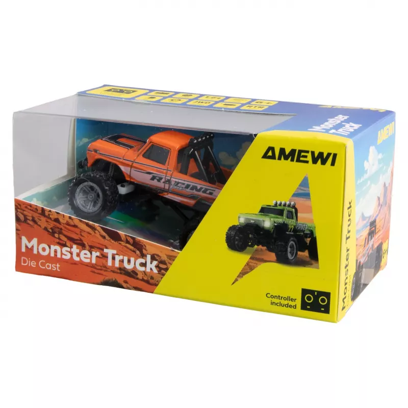 Monstertruck radiocontrolado Amewi DieCast 1:64 RTR laranja, caixa metálica, Ready-to-Run