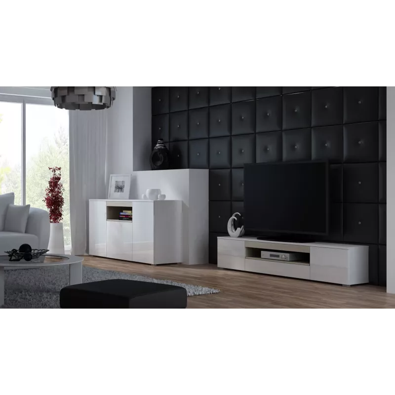 Cama Meble VIVA 150 aparador, branco/branco brilhante + carvalho Sonoma
