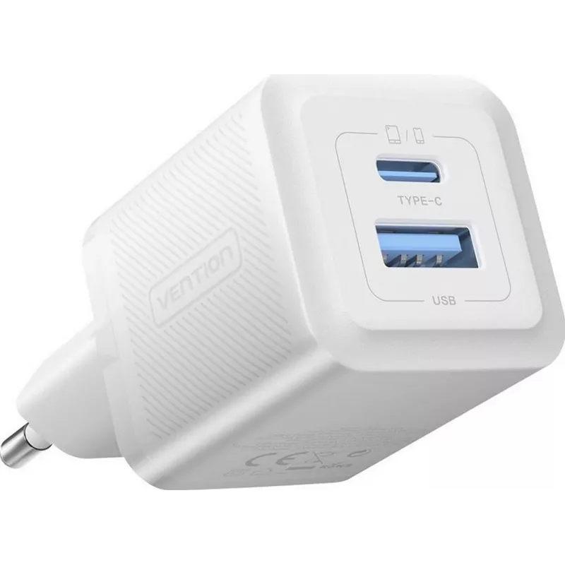 Vention 30W - Carregador com tecnologia GaN, 1x USB-A, 1x USB-C (branco)