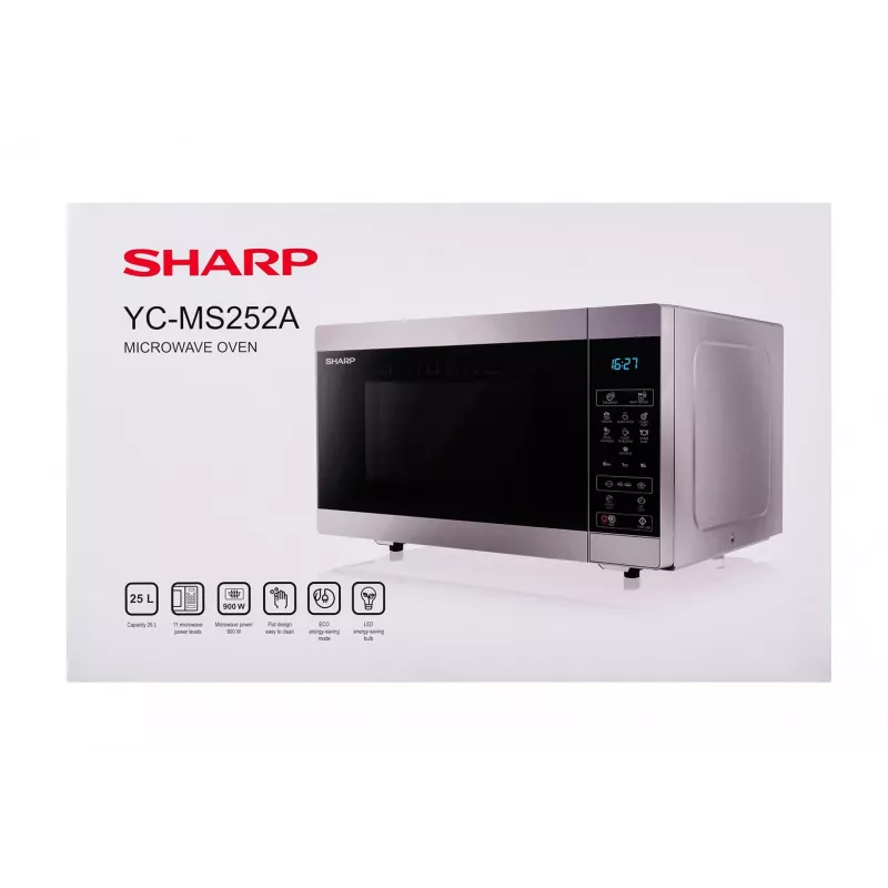 Micro-ondas Sharp YC-MS252AE-S, de bancada, 900 W, 25 L, 11 níveis de potência, controlo tátil, prateado