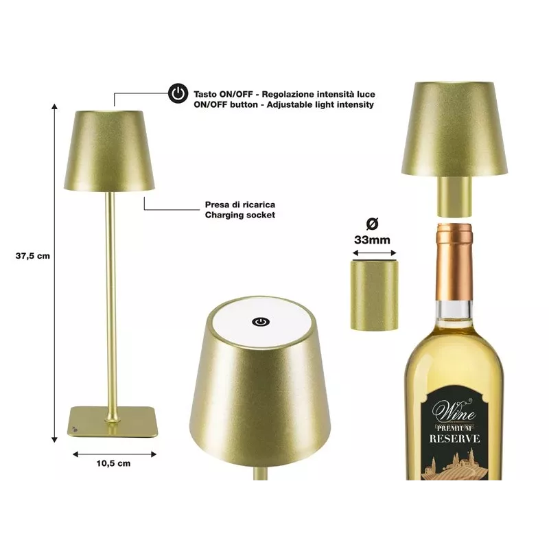 Beper P201UTP116 candeeiro de mesa LED recarregável, 1,5 W, interruptor tátil, regulável, adaptador para garrafa de 33 mm, resistente à água, dourado