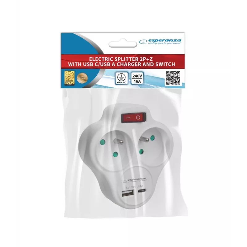 Splitter elétrico Esperanza ELK311W 2 tomadas USB-C USB-A entrada branco