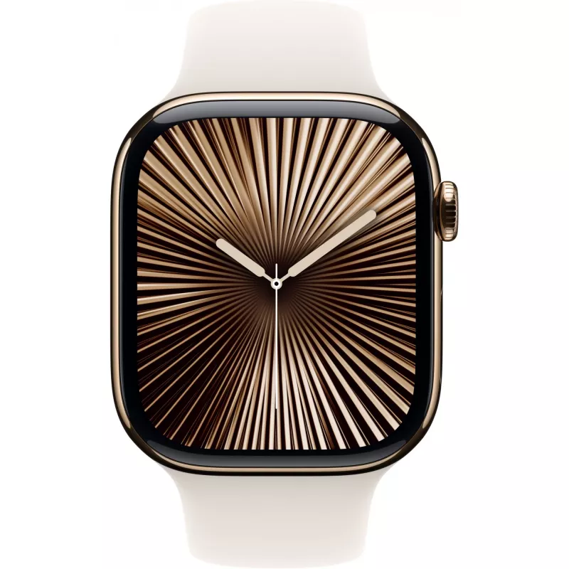 Apple Watch Series 10 GPS + Cellular 46 mm caixa de titânio dourado com bracelete desportiva Starlight – S/M