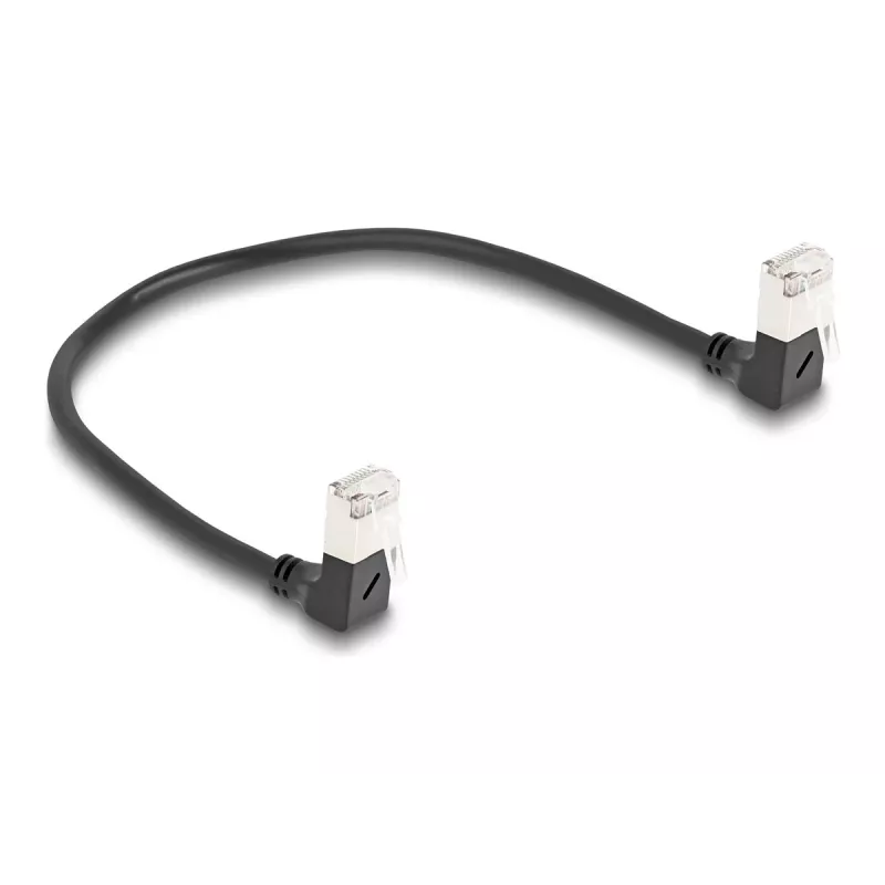 Cabo de rede DeLOCK RJ45 Cat.6A S/FTP fino 90° angular para baixo 0,25 m preto