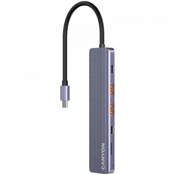 Hub USB Type-C CANYON DS-17 — HDMI, USB 3.2 Gen 1 A, USB-C, MicroSD, 10000 Mbit/s, cinzento