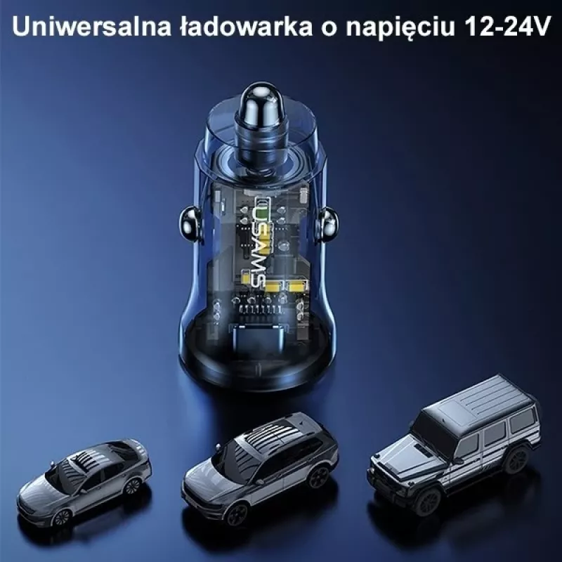 Carregador de automóvel usams CC164CC01 30W com 1×USB-A e 1×USB-C para carregamento rápido