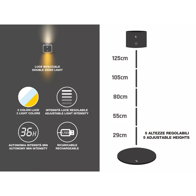 Beper P201UTP306 candeeiro LED recarregável de altura ajustável, de chão e para montagem na parede, 2,3 W, regulável, preto