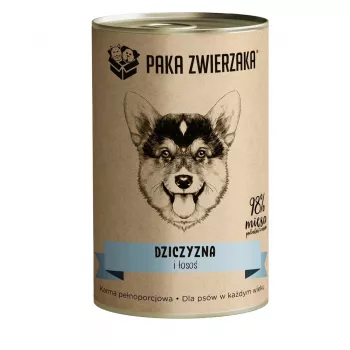Comida húmida para cães PAKA ZWIERZAKA Caça e Salmão 400 g — lata para cães adultos, caça e salmão, proteína 10,4 %, gordura 6,9 %, humidade 76 %